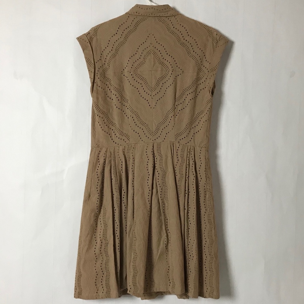 Embroidered Eyelet Front Button Mini Dress in Khaki - Picture 4 of 9